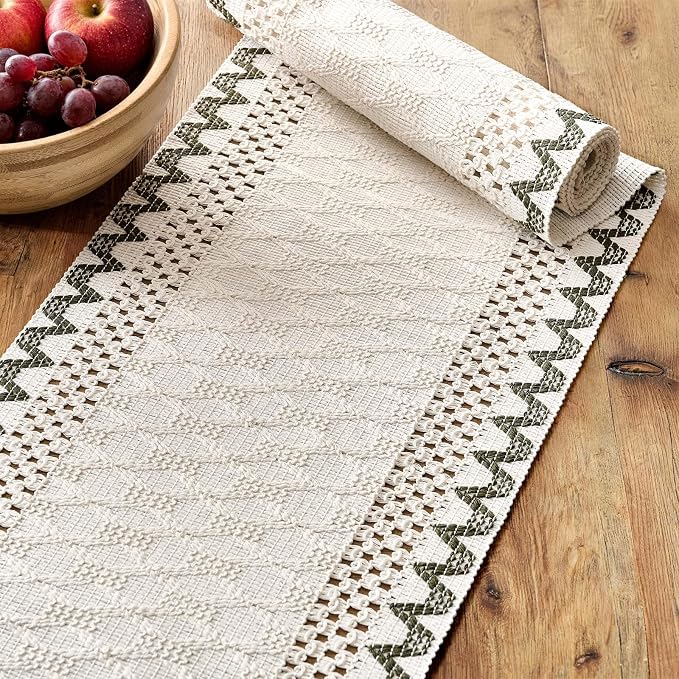 Macrame Side Trim Boho Woven Table Runner, Moss 12x108 Inch | Crochet Hollow - Image 4
