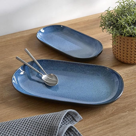 SANGO Resona Blue Serving Platters Set of 2, 14/12 Inch Stoneware Serving Dishes by Sango