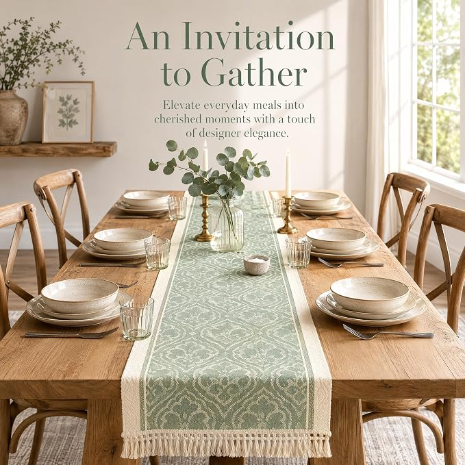 14x83 Botanical Table Runner Waterproof Floral Vine Boho Tassels | Hosting a - Image 5