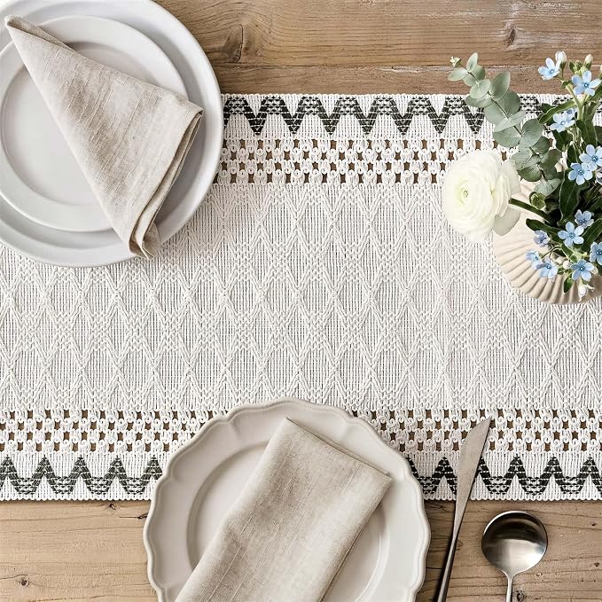 Macrame Side Trim Boho Woven Table Runner, Moss 12x60 Inch | Crochet Hollow - Image 3
