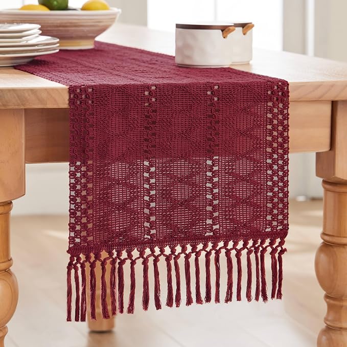 Macrame Style Boho Table Runner, 12x90 Inch Burgundy | Woven Boho Table Runner - Image 7