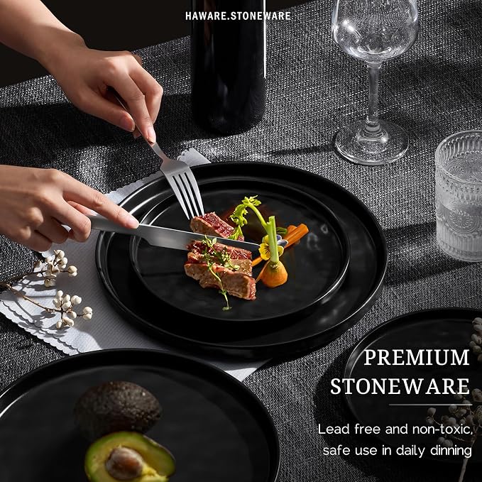 HaWare Dinnerware Sets, 12-Piece Plates and Bowls Set, Matte Black | Stoneware - Image 5