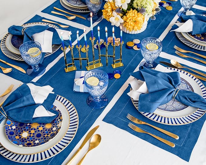 Solino Home 100% Pure Linen Table Runner Indigo Blue Hemstitch, 14 x 90 in | - Image 3