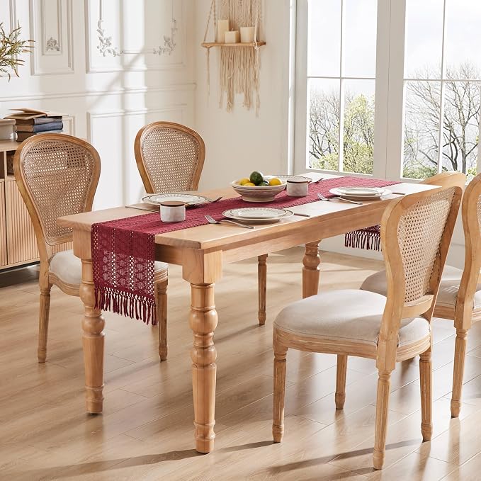 Macrame Style Boho Table Runner, 12x90 Inch Burgundy | Woven Boho Table Runner - Image 3