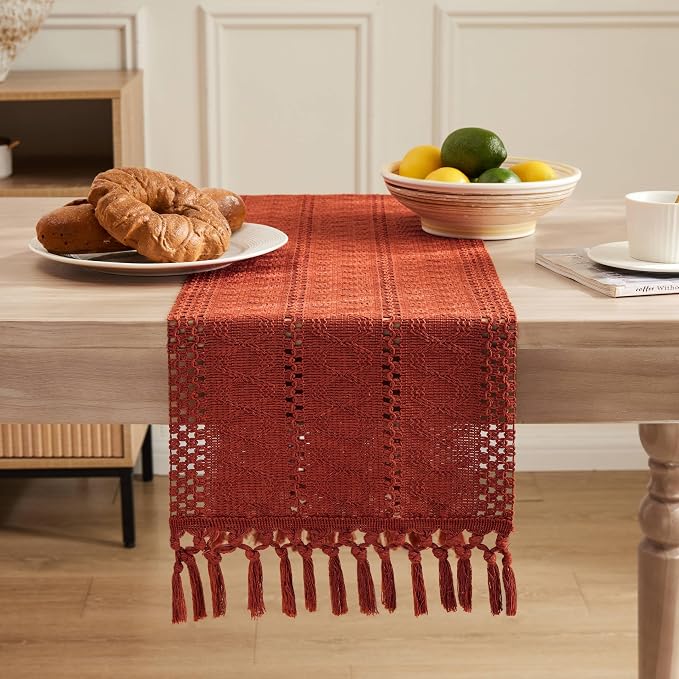 Macrame Style Boho Table Runner, 12x108 Inch Rust | Woven Boho Table Runner - Image 2