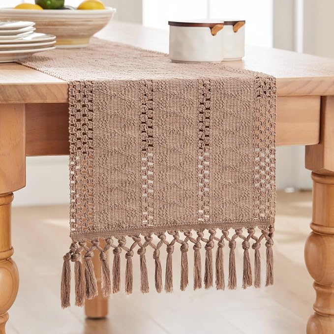 Macrame Style Boho Table Runner, 12x36 Inch Taupe | Woven Boho Table Runner - Image 7