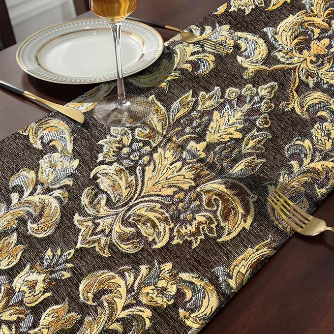 Dark Brown Coffee Table Runner Chenille Retro Golden Flowers 98 inches Long | - Image 5