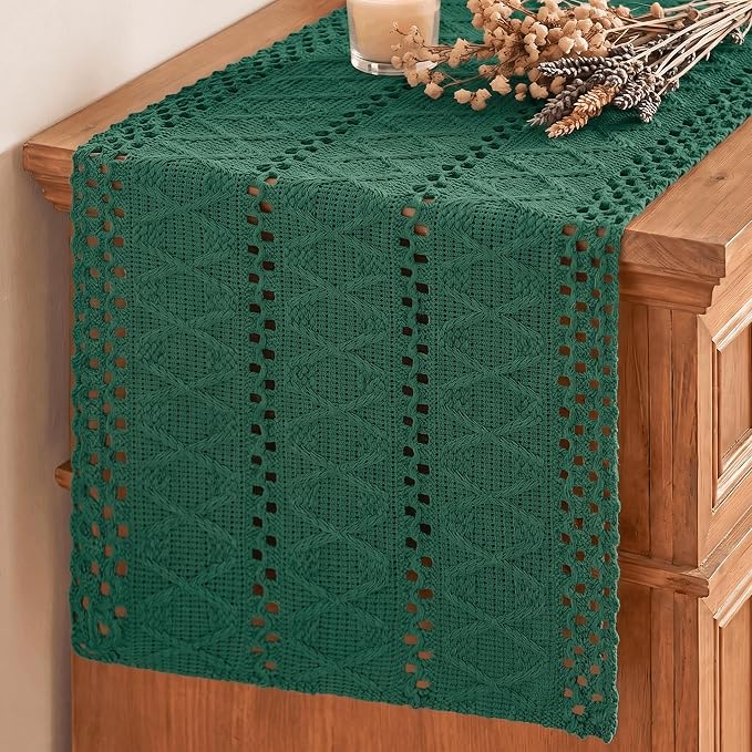 Artoid Mode Dark Green Woven Farmhouse Hollow Table Runner 12x108 Inch | by ArtoidMode