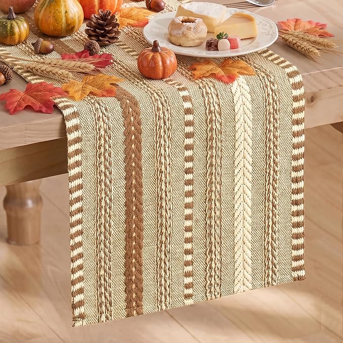 Artoid Mode Coffee Farmhouse Stripe Braided Table Runner 12x108 Inch | Holiday by ArtoidMode