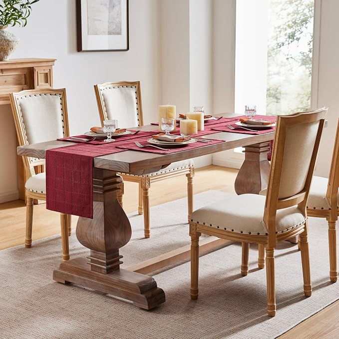 Linen Checked Farmhouse Table Runner, 13x60 Inches Burgundy | Raised Grid Design - Image 3