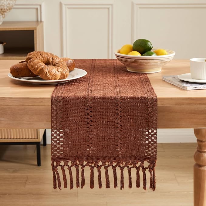 Macrame Style Boho Table Runner, 12x36 Inch Terracotta | Woven Boho Table Runner - Image 2