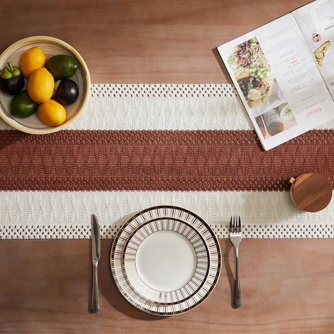 Macrame Style Bicolor Stitching Table Runner 14x108in Terracota | Woven Boho - Image 4
