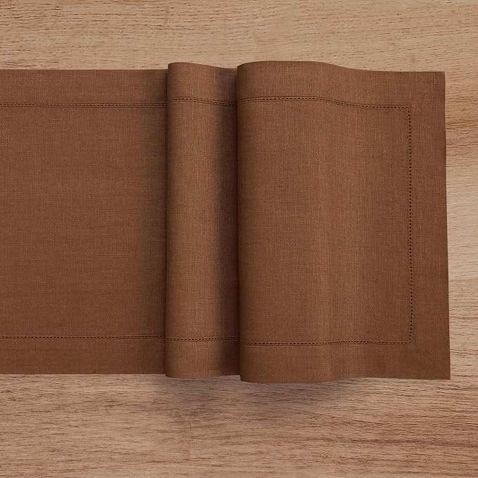 Solino Home 100% Linen Table Runner Brown, Classic Hemstitch 14 x 108 in | - Image 3