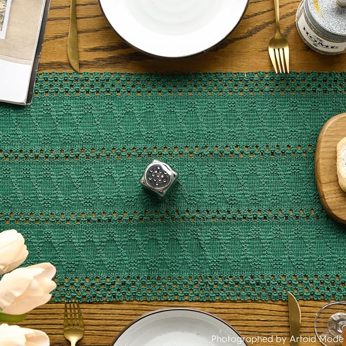 Artoid Mode Dark Green Woven Farmhouse Hollow Table Runner 12x60 Inch | Holiday - Image 3