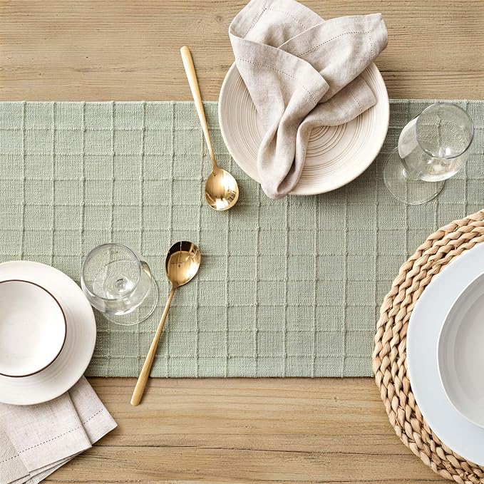 Artisanal Grid Linen Table Runner, 13x72 Inches Seeding Green | Heavy Textured - Image 5