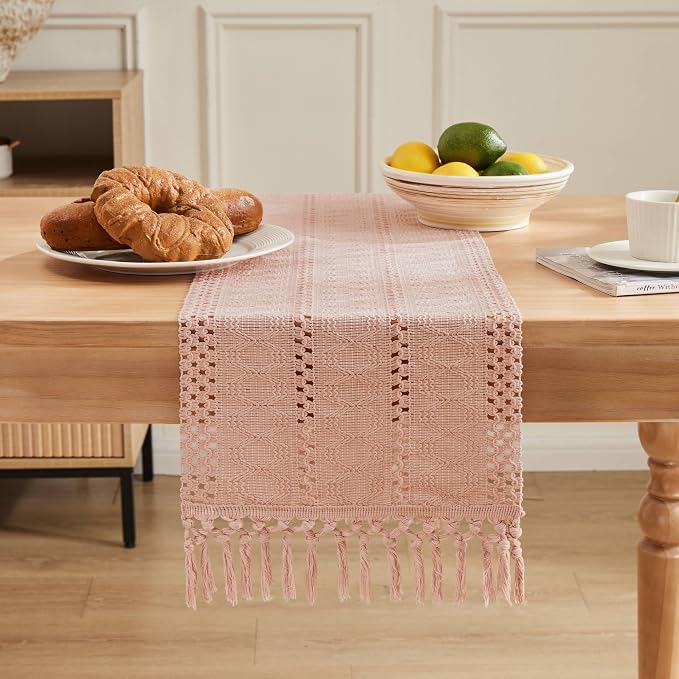 Macrame Style Boho Table Runner, 12x90 Inch Light Pink | Woven Boho Table Runner - Image 2