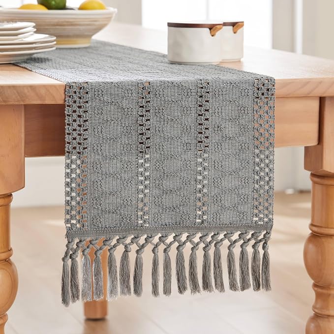 Macrame Style Boho Table Runner, 12x72 Inch Grey | Woven Boho Table Runner - Image 7