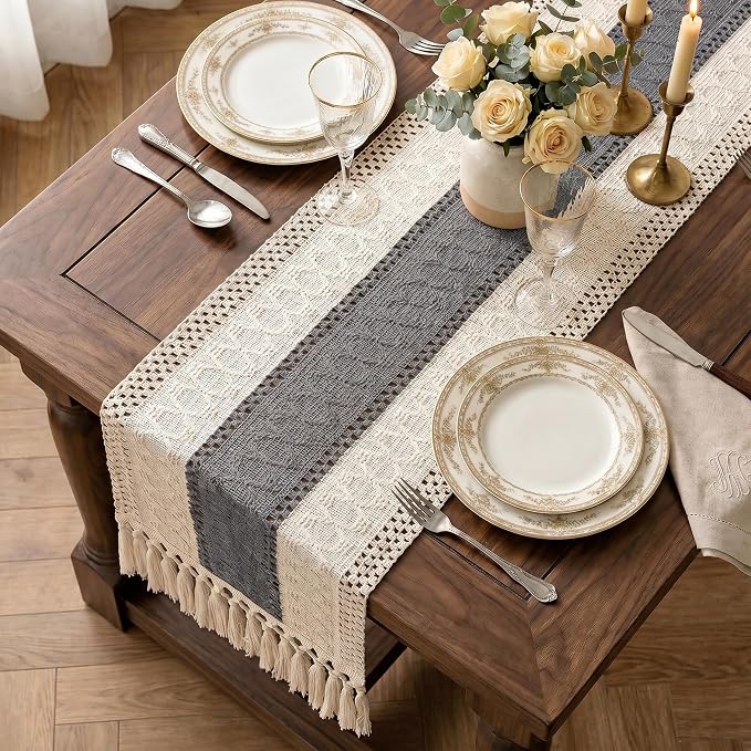 Boho Macrame Table Runner with Tassels 48in Grey Farmhouse Runner | Macrame - Image 2