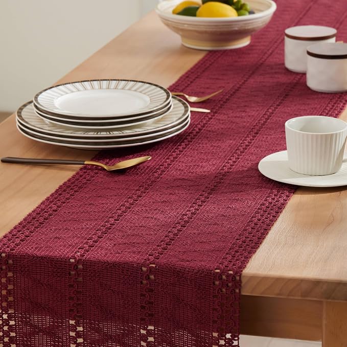 Macrame Style Boho Table Runner, 12x90 Inch Burgundy | Woven Boho Table Runner - Image 5