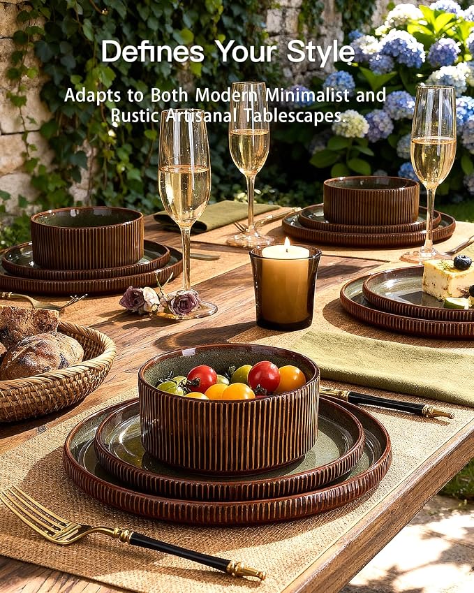 Stoneware Dinnerware Set for 4, Handmade Ribbed Dishes, Everyday Use, Microwave - Image 2