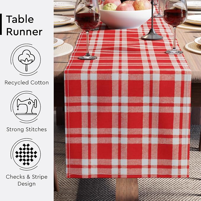 Encasa XO Table Runner, Woven Cotton Dining Runner 13"x94" | Franca Red Checks - Image 4