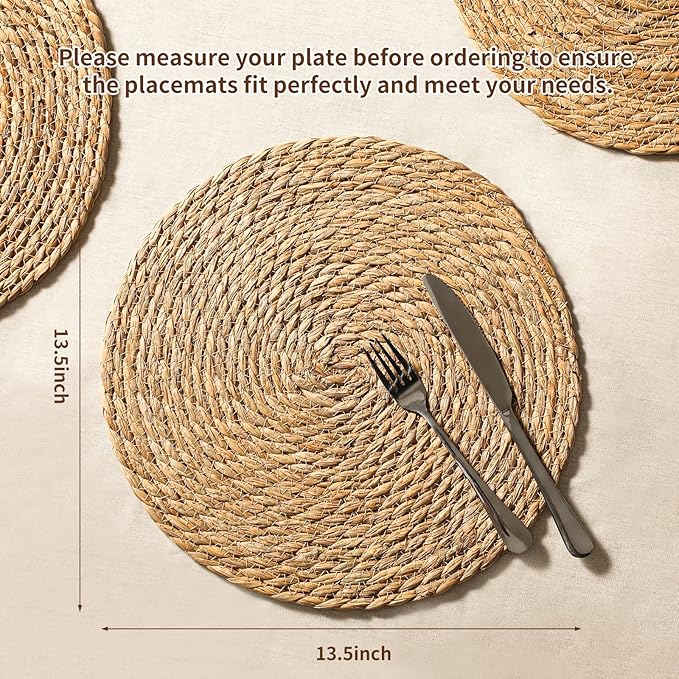 13.8'' Round Woven Placemats Set of 6, Boho Wicker Chargers, Terrekraft | - Image 7
