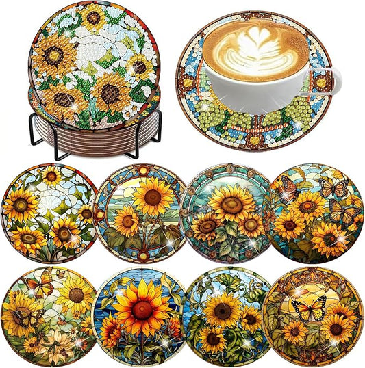 ijbnhd 8 Pcs Sunflower Diamond Art Coasters Kit Diamond Painting Coasters | by ijbnhd