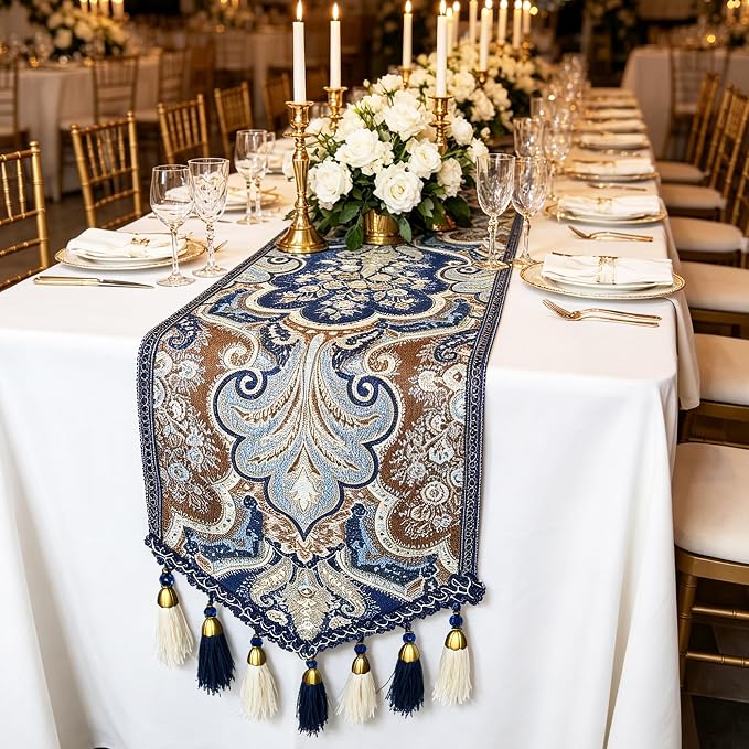 Wedding Table Runner 48“ Navy Blue and White Tassels - Image 2