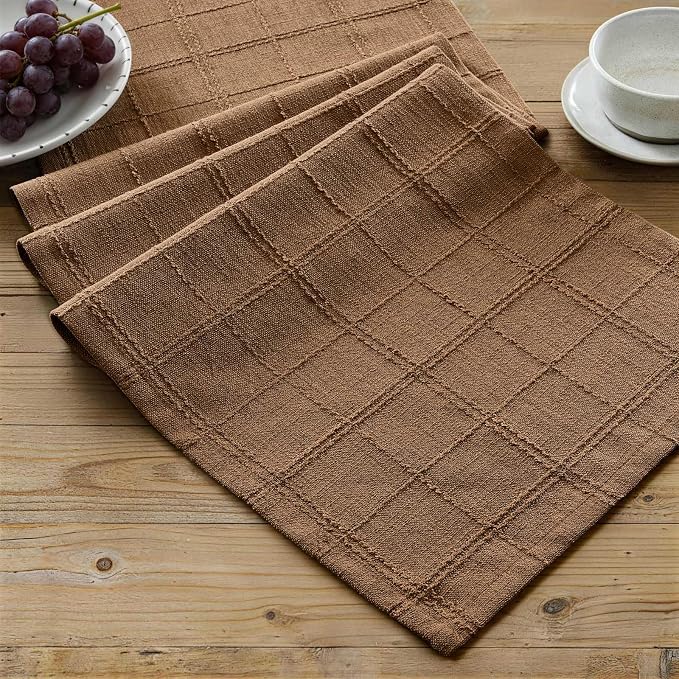 Linen Checked Farmhouse Table Runner, 13x48 Inches Roasted Brown | Raised Grid by ZEEMARTONLINE