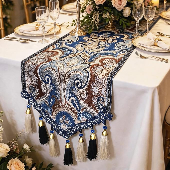 Wedding Table Runner 48“ Navy Blue and White Tassels by Jiino
