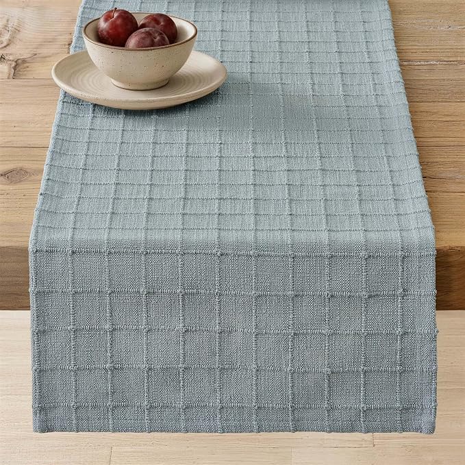Artisanal Grid Linen Table Runner, 13x90 Inches Chambray | Heavy Textured by ZEEMARTONLINE