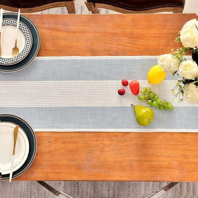 Wracra Linen Table Runner, Stripe Table Runners 72 Inches Long Blue | Delicate - Image 6