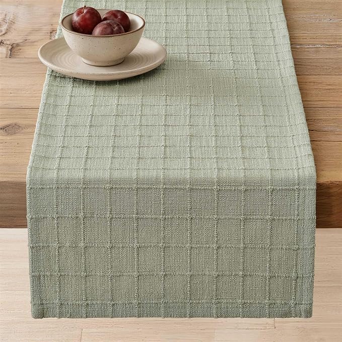 Artisanal Grid Linen Table Runner, 13x72 Inches Seeding Green | Heavy Textured by ZEEMARTONLINE