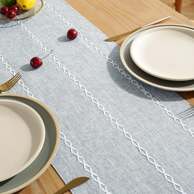 Wracra Rustic Linen Table Runner, Dusty Blue Table Runners 108 inches Long | - Image 5