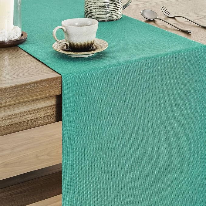 Basic Linen Style Table Runner, 14x90 Inch Teal | Mitered Corner Design - Image 4