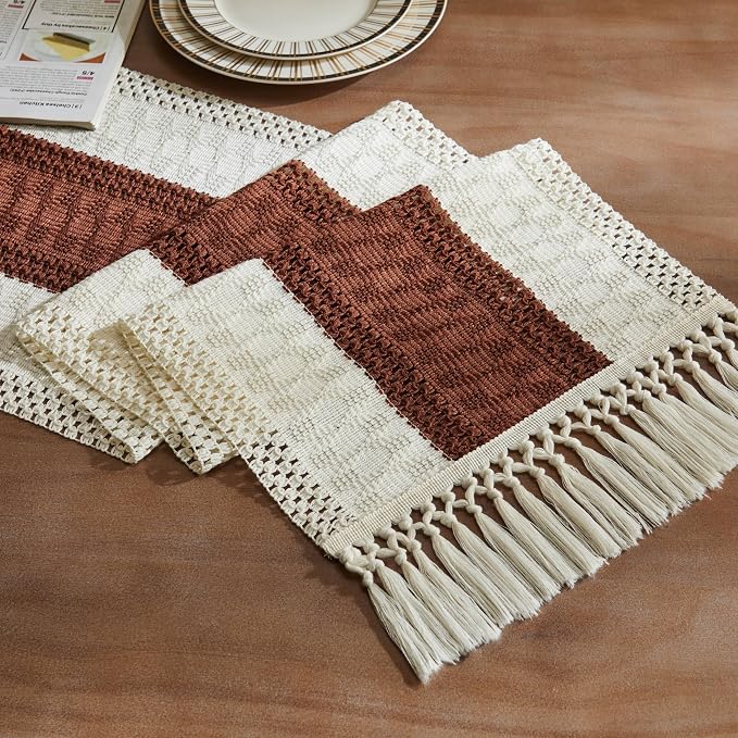 Macrame Style Bicolor Stitching Table Runner 14x108in Terracota | Woven Boho by ZEEMARTONLINE