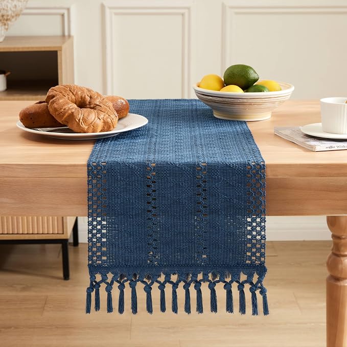 Macrame Style Boho Table Runner, 12x90 Inch Dusty Blue | Woven Boho Table Runner - Image 2