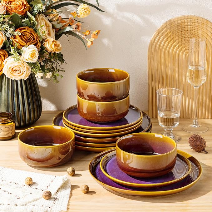 Ceramic Dinnerware Set for 4, 12-Piece Plates and Bowls Set | Handmade Reactive - Image 4