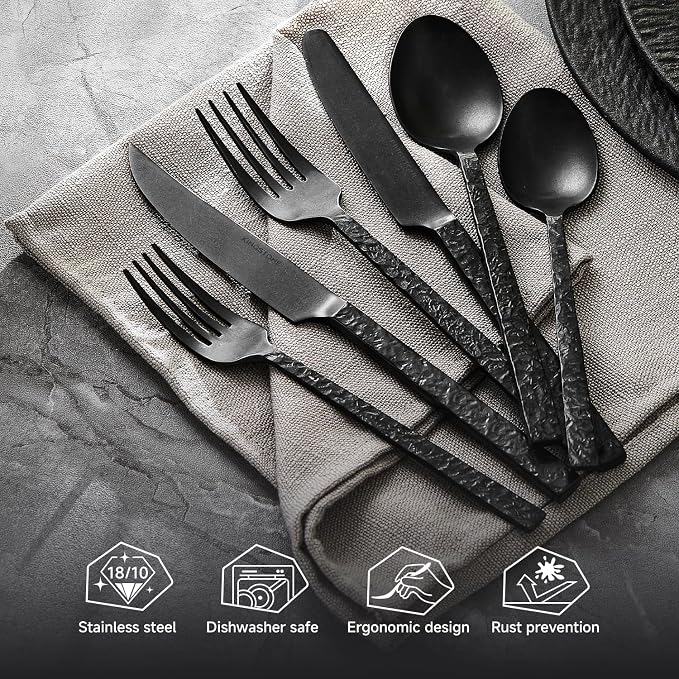48 Pcs Black Hammered Silverware Set - Image 3