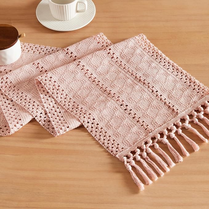 Macrame Style Boho Table Runner, 12x90 Inch Light Pink | Woven Boho Table Runner by ZEEMARTONLINE