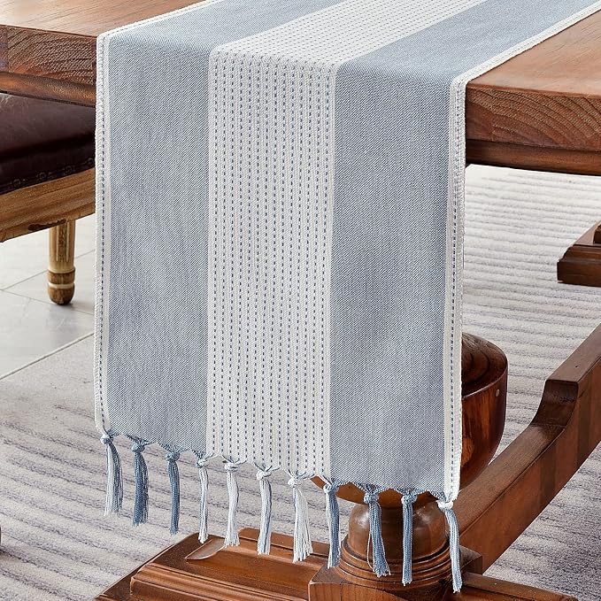 Wracra Linen Table Runner, Stripe Table Runners 72 Inches Long Blue | Delicate by Wracra