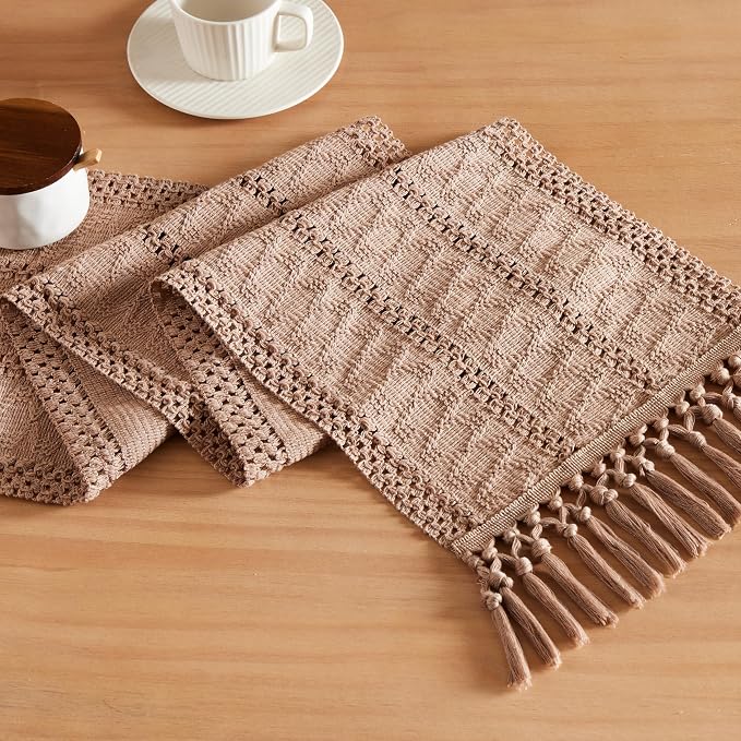 Macrame Style Boho Table Runner, 12x72 Inch Taupe | Woven Boho Table Runner by ZEEMARTONLINE