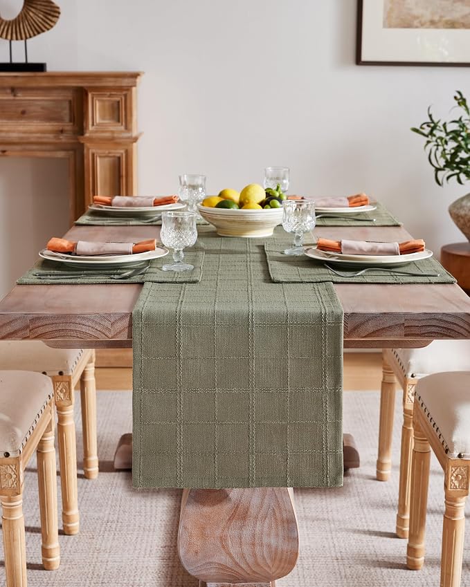 Linen Checked Farmhouse Table Runner, 13x72 Inches Olive | Raised Grid Design - Image 2