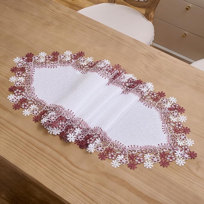 White Dark Red Floral Lace Table Runner Dresser Scarf | Christmas, Floral - Image 5