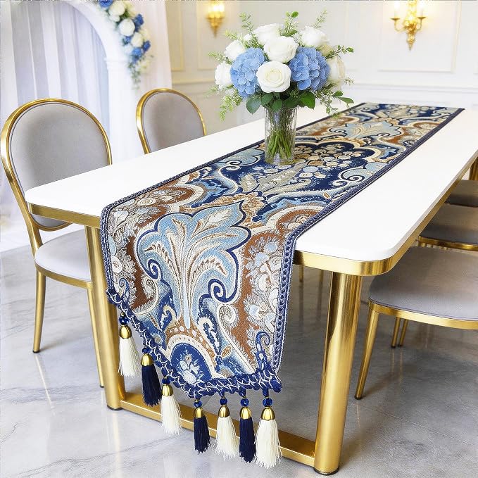 Wedding Table Runner 48“ Navy Blue and White Tassels - Image 7