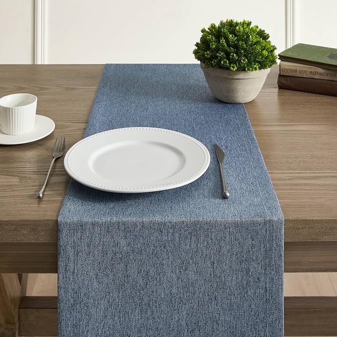 Basic Linen Style Table Runner, 14x48 Inch Navy Blue | Mitered Corner Design - Image 5