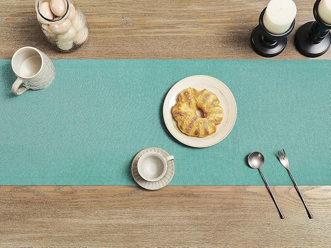 Basic Linen Style Table Runner, 14x60 Inch Teal | Mitered Corner Design - Image 3
