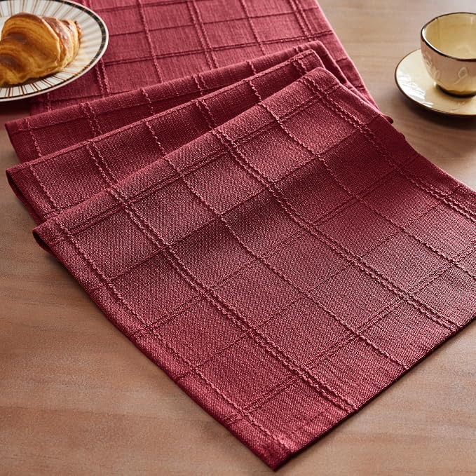 Linen Checked Farmhouse Table Runner, 13x60 Inches Burgundy | Raised Grid Design by ZEEMARTONLINE