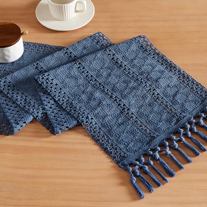 Macrame Style Boho Table Runner, 12x90 Inch Dusty Blue | Woven Boho Table Runner by ZEEMARTONLINE