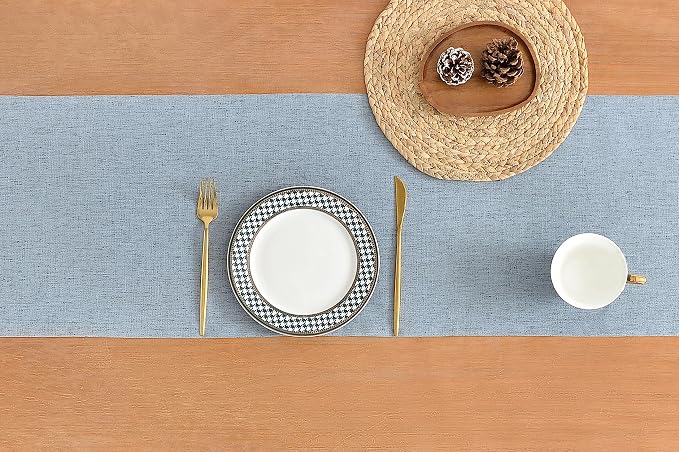 Wracra Linen Table Runner, Burlap Dusty Blue Table Runners 60 Inches Long | - Image 2